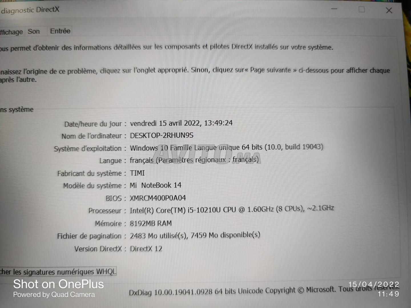 Xiaomi Mi NoteBook 14 i5 10TH 8Go 256Go SSD 14P FD - 5