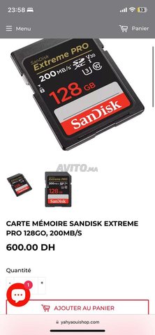 Carte SD Sandisk 128 Go extrême Pro C10, Appareils photo et Caméras à  Casablanca