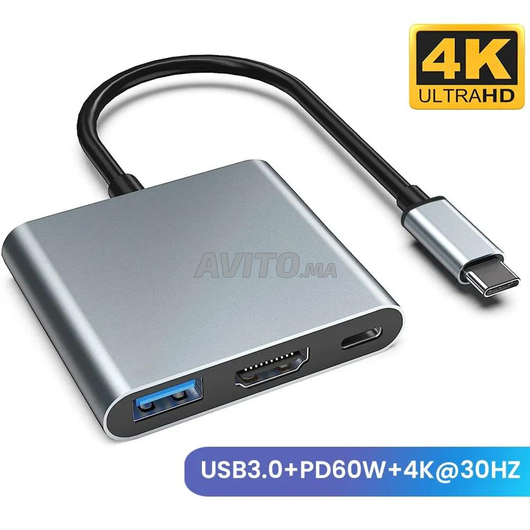 3en1 Type-C Vers 4K HDMI USB 3.0 USB-C Adaptateur Argent - Adaptateur et  convertisseur - Achat & prix