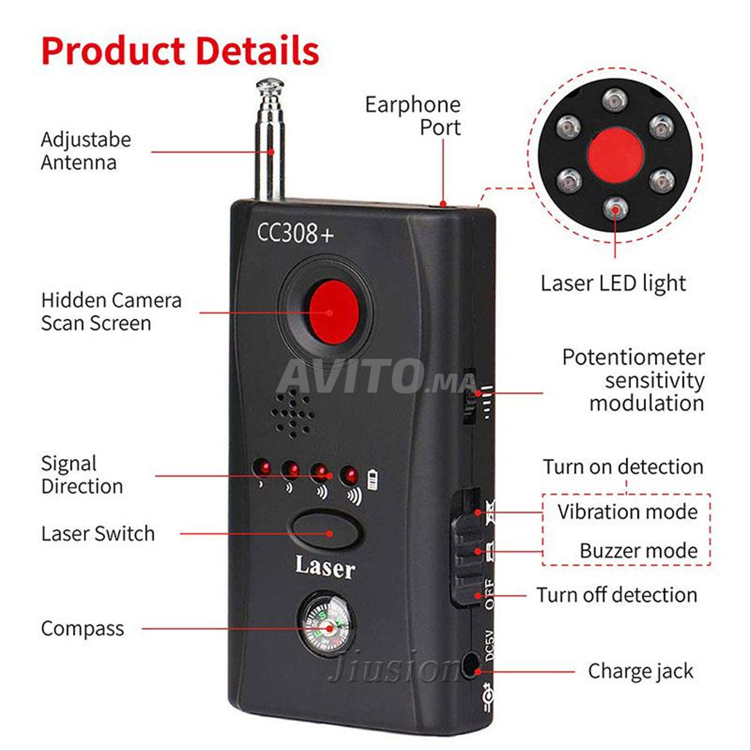 Super Détecteur de signaux Anti Caméra Espion Micro LED Noir
