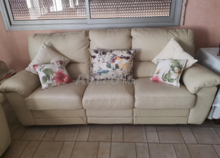 Salon en véritable cuir blanc cassé