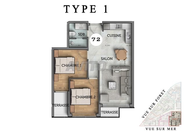 Appartement à vendre 72 m² à Mehdia