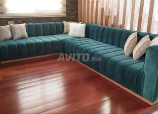 canapé d'angle en velours bleu canard