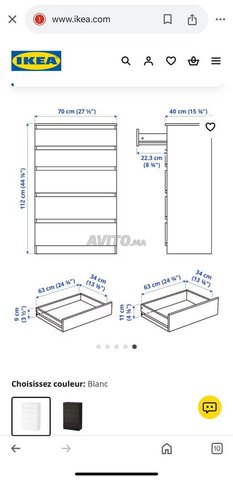 Commode 5 tiroirs de couleur blanche, 70x112 cm