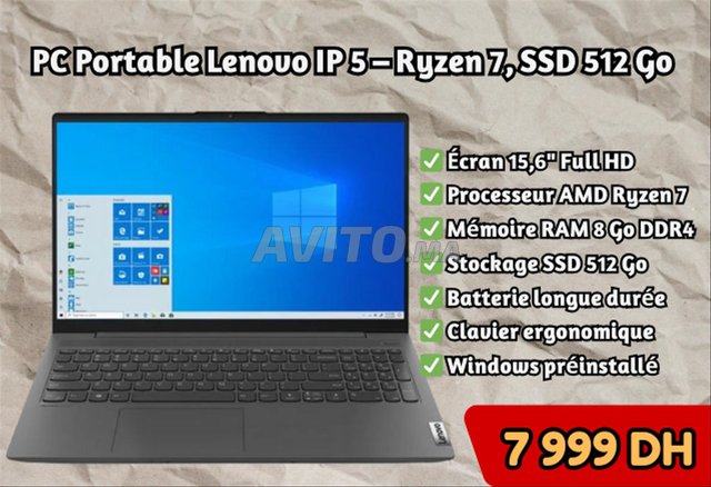 PC Portable Lenovo IP 5 – Ryzen 7, SSD 512 Go