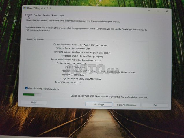 Pc portable MSI thin gf63 i7 11 eme 16 core