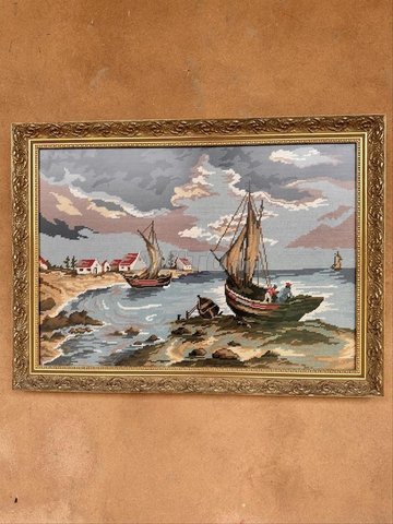 Tableau brodé vintage–Village de pêcheurs– encadré