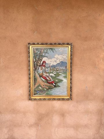 Tableau brodé vintage La fileuse bord de rivière