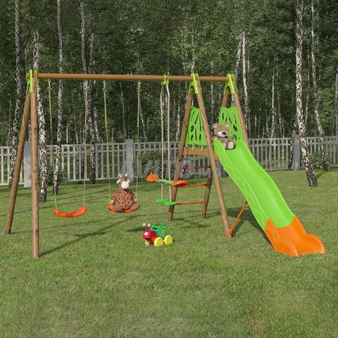 Balançoire en bois poutre métal AKEO - 6 enfants