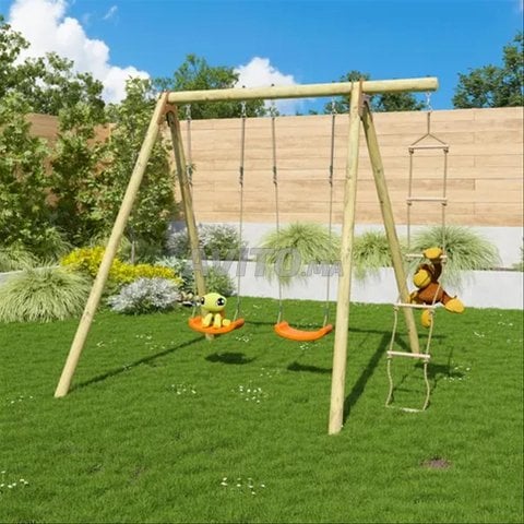 Portique 2 Balançoires jaunes - 1 Échelle de corde