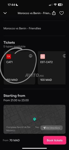 5 tickets catégorie 1 Maroc vs Benin