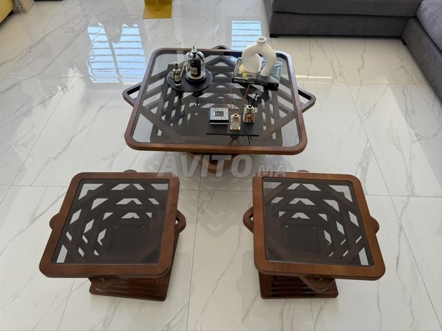 Table Basse & 2 Tables Design Bois/Vitre - Top