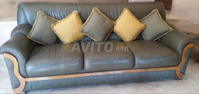 Canapé en cuir vert avec 5 coussins assorti