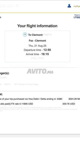 Billet d'avion Fez --clermont France Ryanair