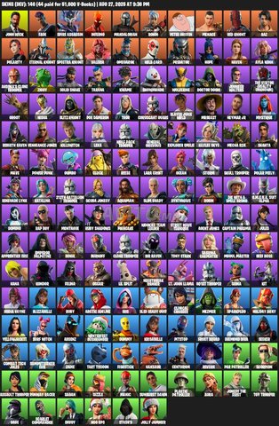146 skins John Wick · 44 paid ≈ 51,600 V-Bucks