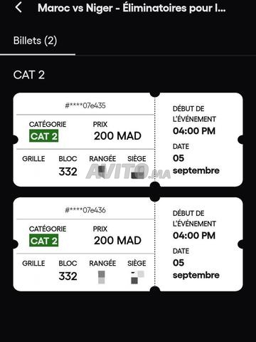 Vente 2 Tickets Catégorie 2