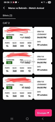 vend 3 billets catégorie 2 match maroc