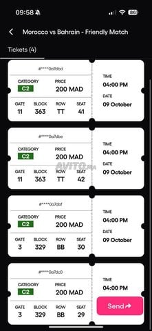 10 Billets côte à côte Match Maroc Vs Bahreïn