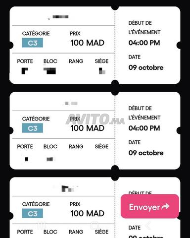 3 tickets catégorie 3 au prix de deux (200dh )