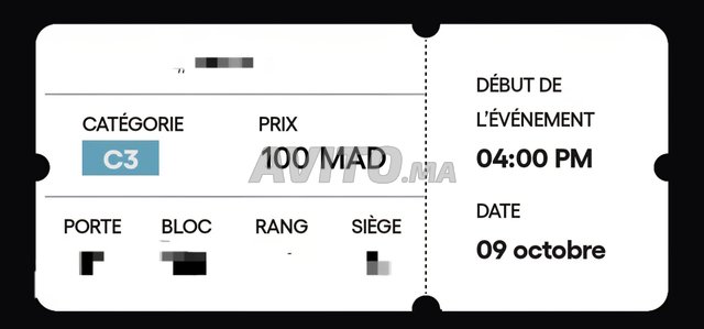 Ticket catégorie 3 50 dh au lieu de 100 dh