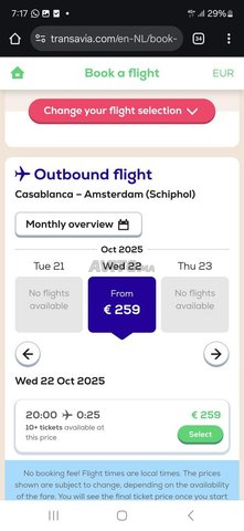 Aller simple Casablanca Amsterdam Transavia 22/10