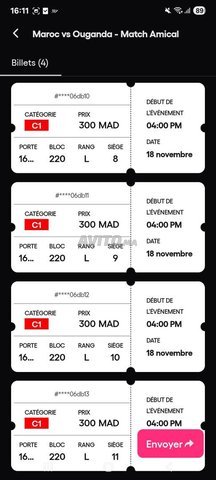 4 tickets cat 1 cote à cote Maroc Oughanda