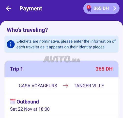 Billet TGV 1ère classe Casa Tanger 22 Nov à 18h