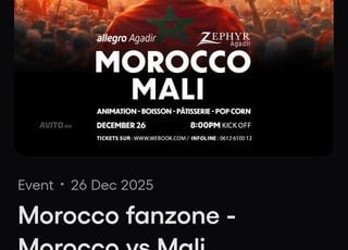 2 tickets Morocco vs Mali à ZEPHYR HOTEL