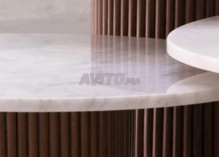 طقم ترابيزات قهوة ثلاثية من الرخام الأبيض والخشب