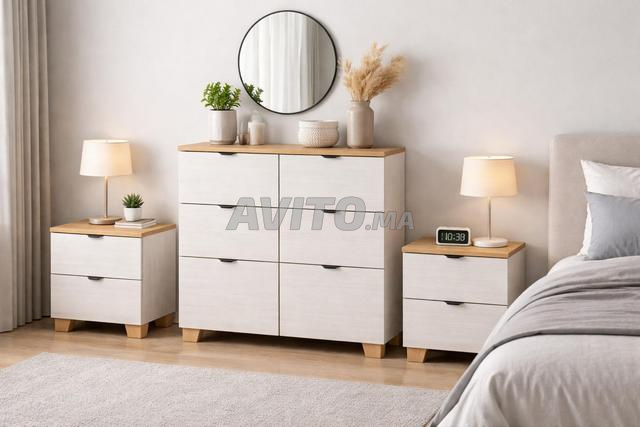 2 طاولات بجانب السرير وخزانة ذات أدراج (جديد) من MDF