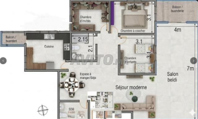 شقة كبيرة وسط مدينة القنيطرة 154 متر مربع - 2