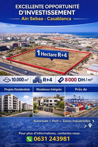 1 hectare R4 ain sbaa Casablanca prix 8000 dh m²