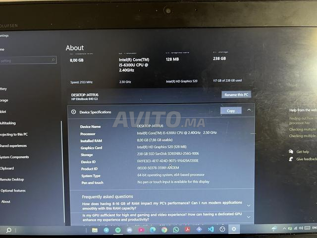 HP Elitebook 840 G3, i5-6ème Gén, RAM 8, SSD 256 - 2