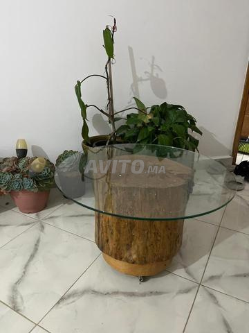 Table basse en verre avec support bois/roulettes