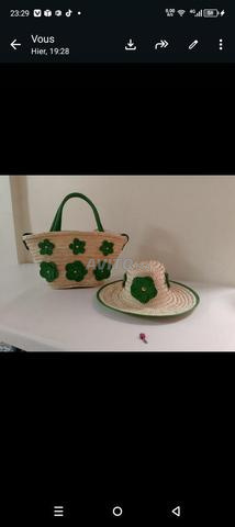 Ensemble d'été sac et chapeau en palmier avec des fleurs vertes 450 dirhams