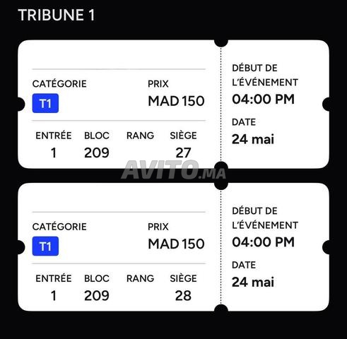 2 tickets TRIBUNE COTE A COTE ASFAR vs SUNDOWNS