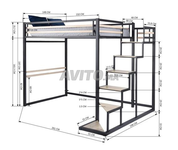 Lit mezzanine artisanal en acier matelas alèse