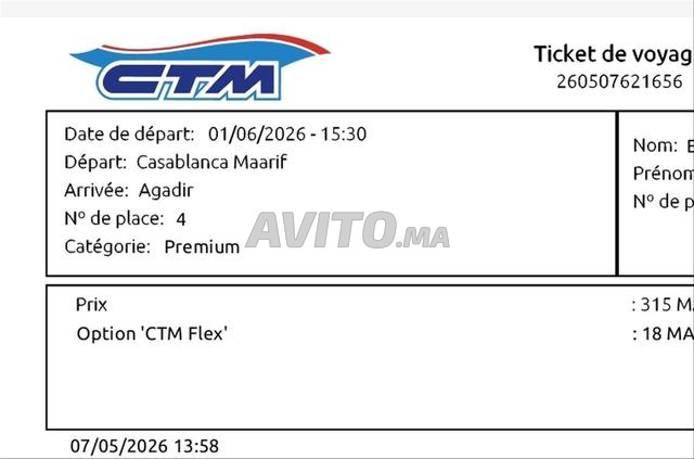 Billet CTM Premium Casa vers Agadir le 1er juin