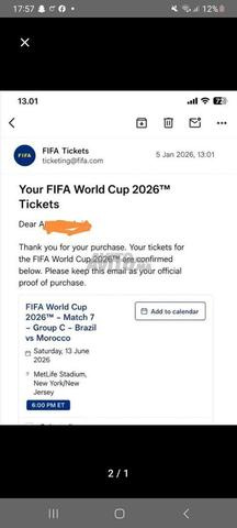 تذكرتان لكأس العالم 2026 المغرب ضد البرازيل