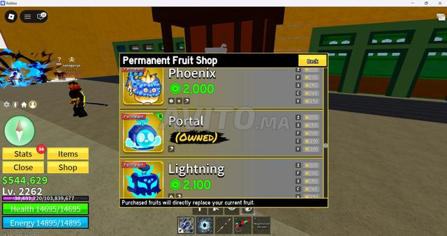 Vends compte Blox Fruits fruits permanents Buda et Portal x2 argent et maîtrise
