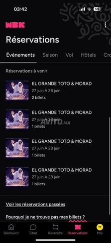 2 billets cat 2 Toto Morad côte à côte 600 chacun