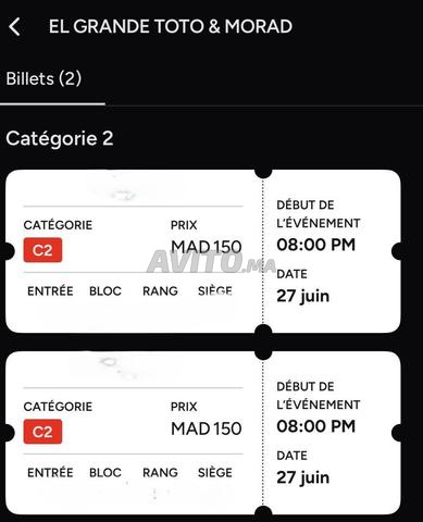 2 tickets Toto et Morad à vendre cat2 prix 500 chacun