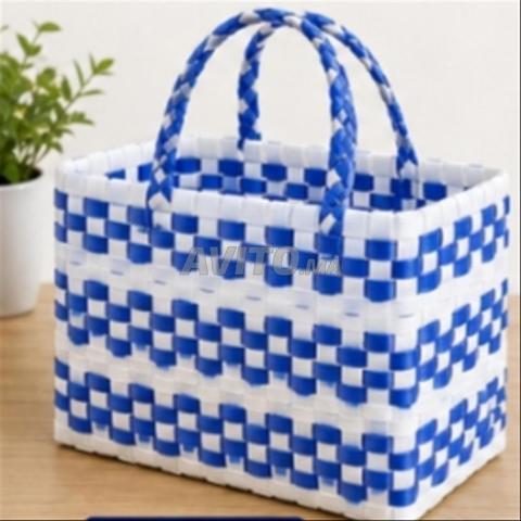 Panier de rangement fait main avec couvercle bleu et blanc - 2