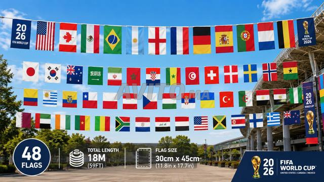 زينة أعلام كأس العالم 2026، 48 علمًا، 18 مترًا