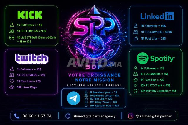 Abonnés Kick LinkedIn Spotify Twitch Telegram