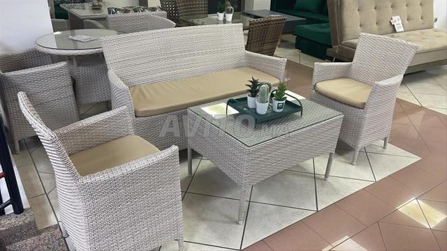 Salon de Jardin Poly Rotin 4 PCS Gris Chiné Crème