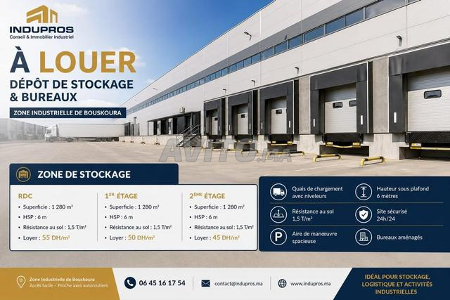 À LOUER Dépôt 1286m Zone Industrielle Bouskoura