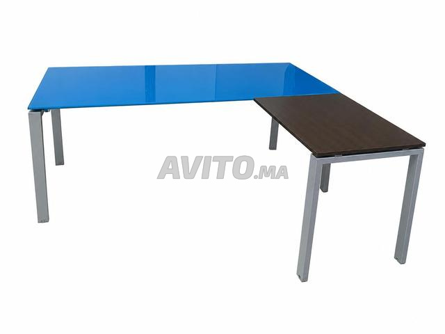 Bureau d'angle en L moderne – Plateau bleu et bois - 2