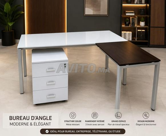 Bureau d'angle en L avec plateau en verre blanc