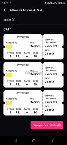 3 billets cat 1 match Maroc vs Afrique du Sud